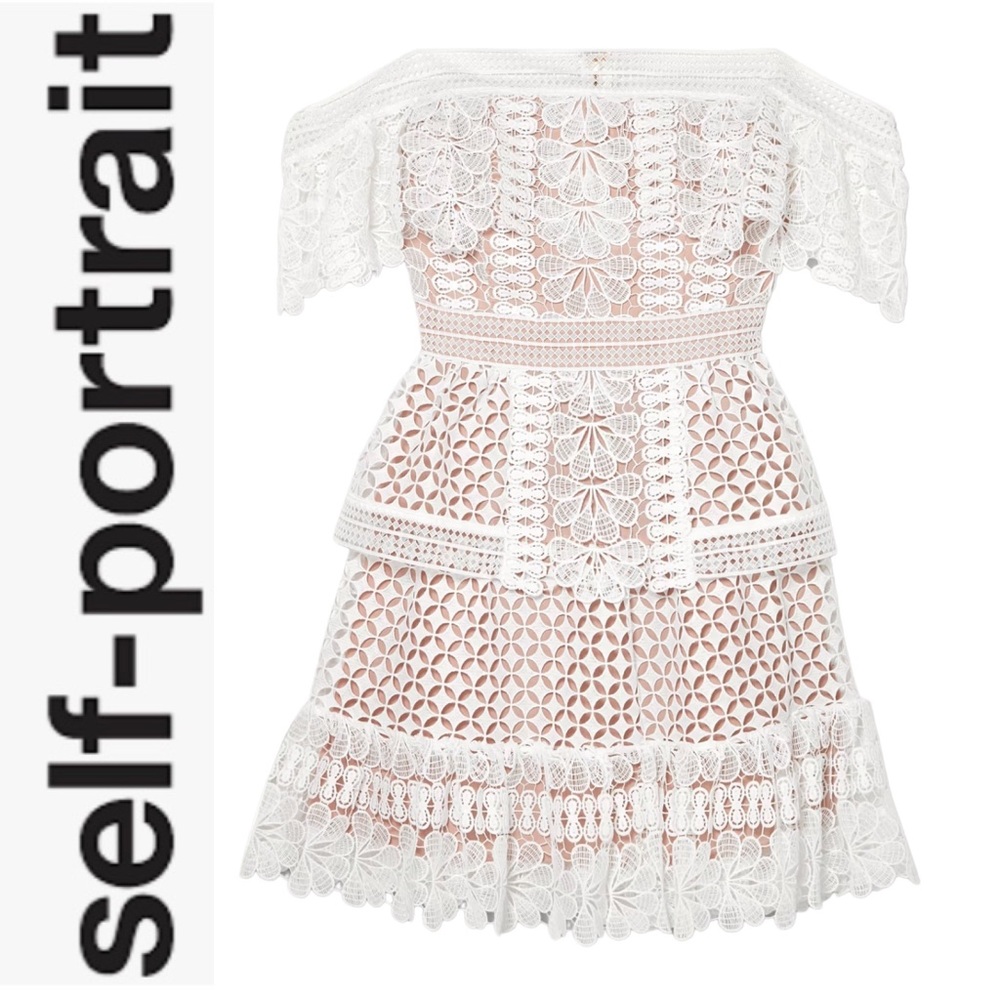 SELF-PORTRAIT Off-the-shoulder guipure Lace Mini Dress 2 ivory - Picture 2 of 16